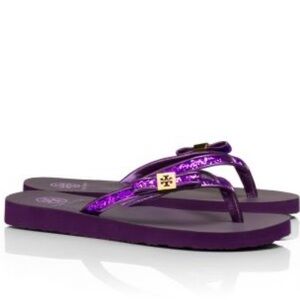 Tory Burch Purple Glitter Metallic Side Bow Flip Flops Sandals